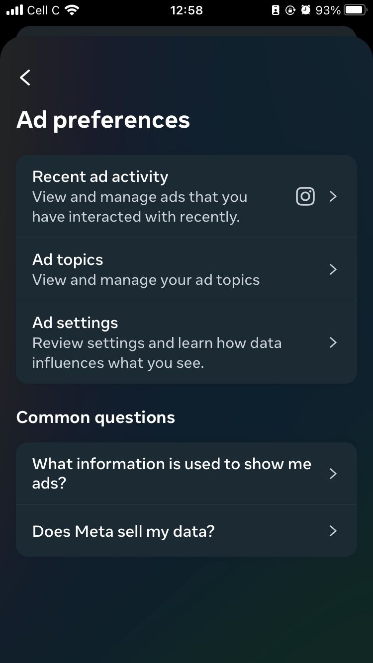 Instagram ad preferences page on iOS