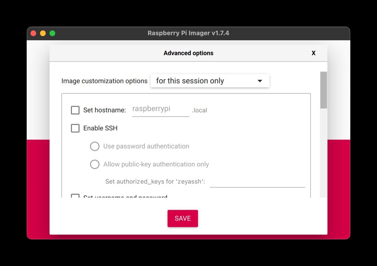 Экран расширенных параметров Raspberry Pi Imager