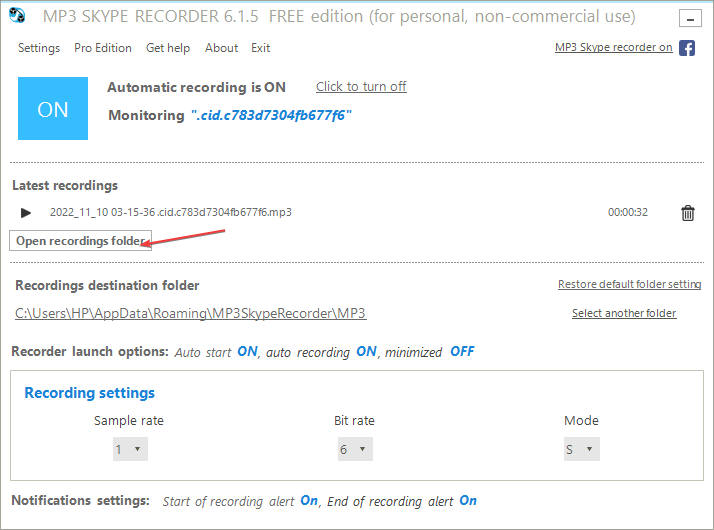 Кнопка «Открыть папку с записями» в MP3 Skype Recorder