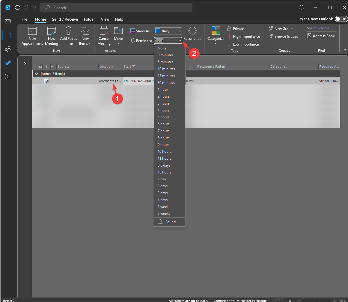 Выбор времени напоминания в списке событий