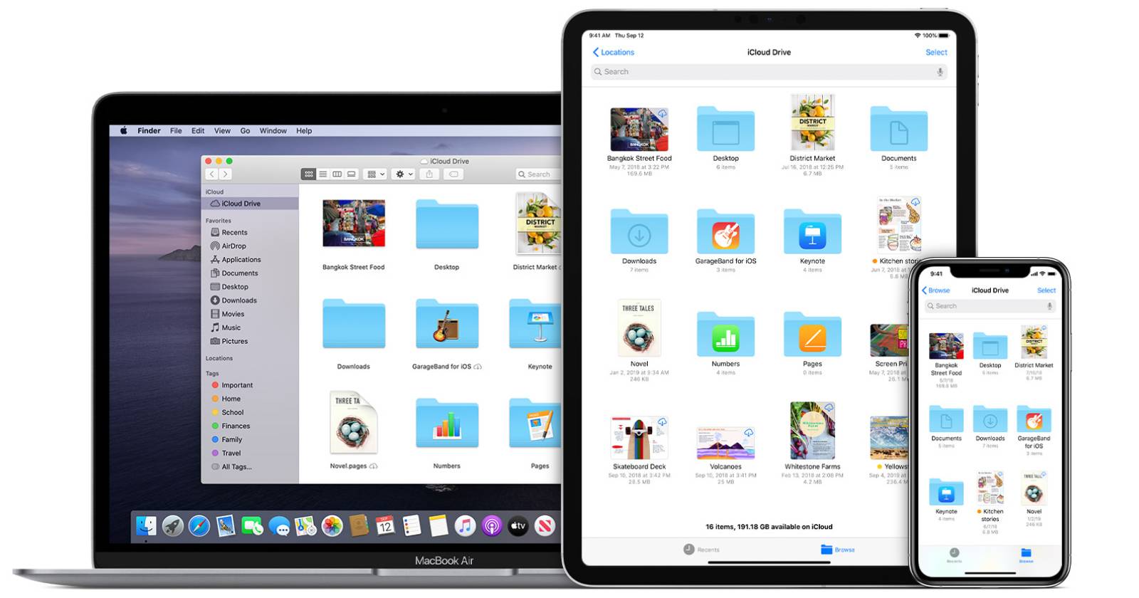 MacBook, iPad, and iPhone showing iCloud Drive documents