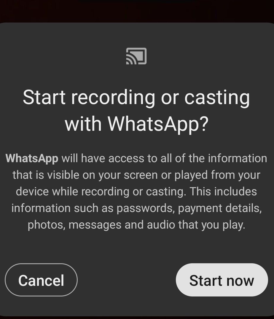 Нажмите «Начать сейчас», чтобы дать WhatsApp разрешения и начать совместный показ экрана по видеозвонку