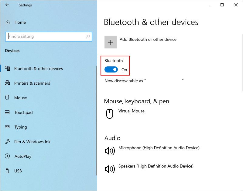 Опция Bluetooth в параметрах Windows 10