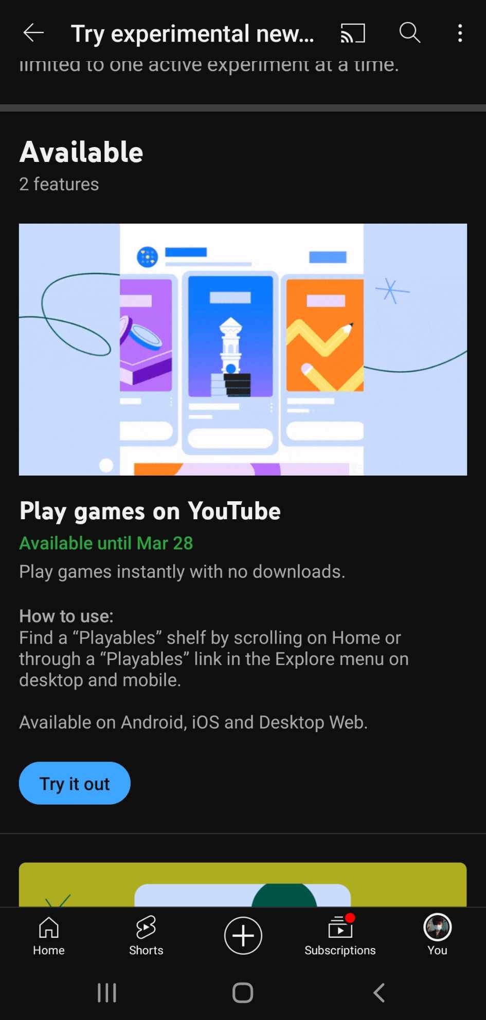 Экран с предложением попробовать YouTube Playables