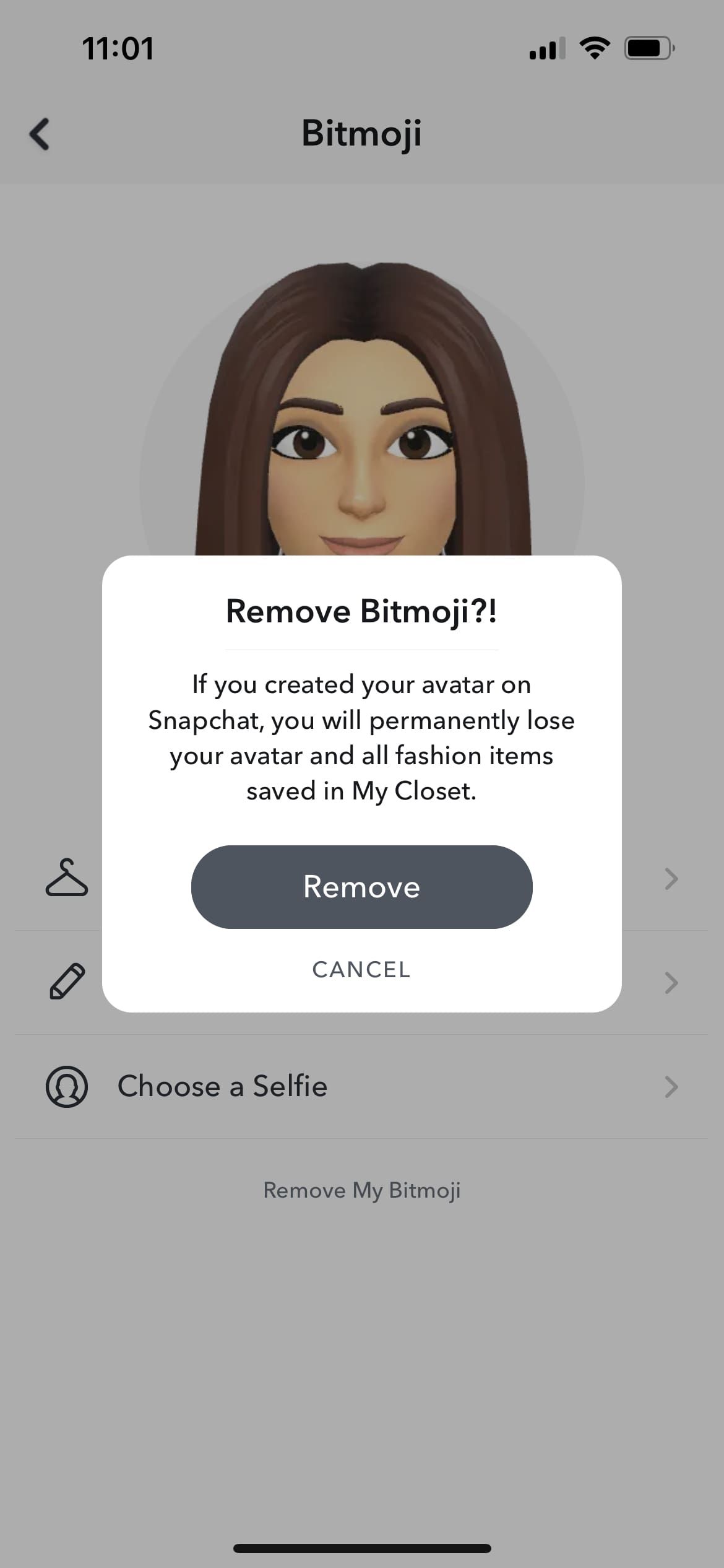 Всплывающее окно подтверждения удаления Bitmoji в Snapchat