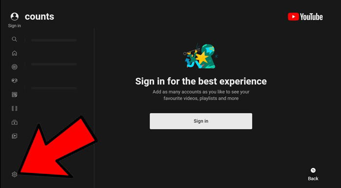 Страница настроек в youtube.com/tv — значок настроек