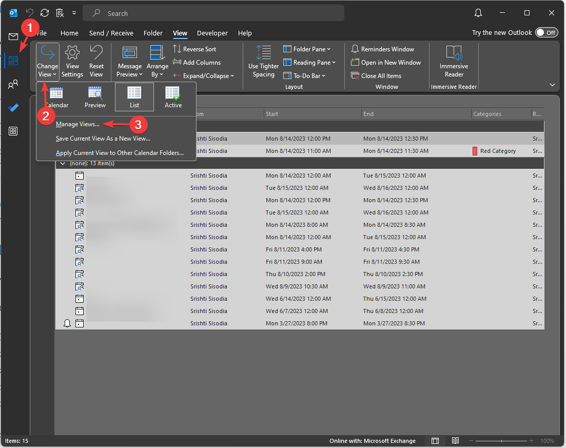 Окно 'Manage Views' для управления видами календаря