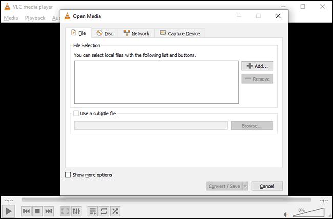 Меню преобразования форматов файлов в VLC на Windows 10