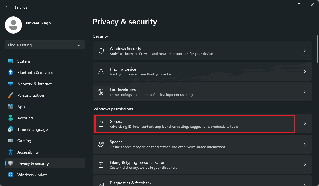 Выбор раздела Общие в Параметрах конфиденциальности и безопасности.