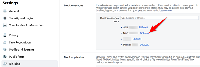 Кнопка «Разблокировать» рядом с именем пользователя на странице управления блокировками Facebook