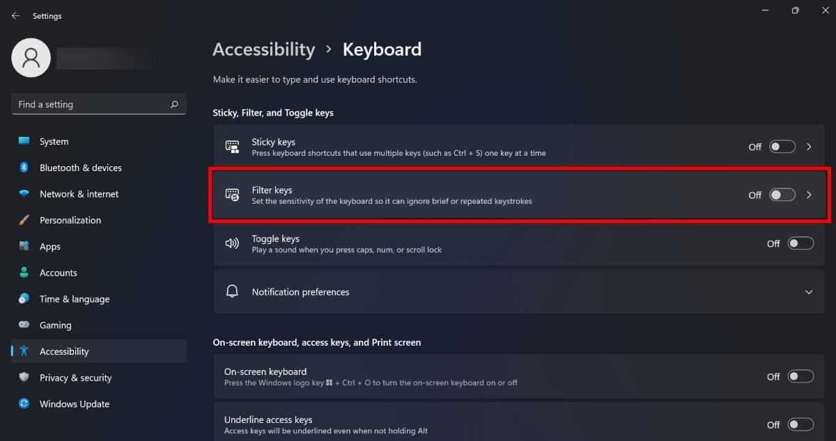 Navegación a Filtrar teclas en Configuración