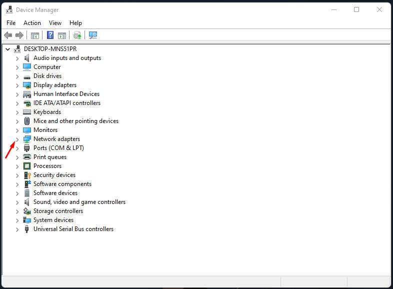 Click on the drop-down button beside “Network Adapters”