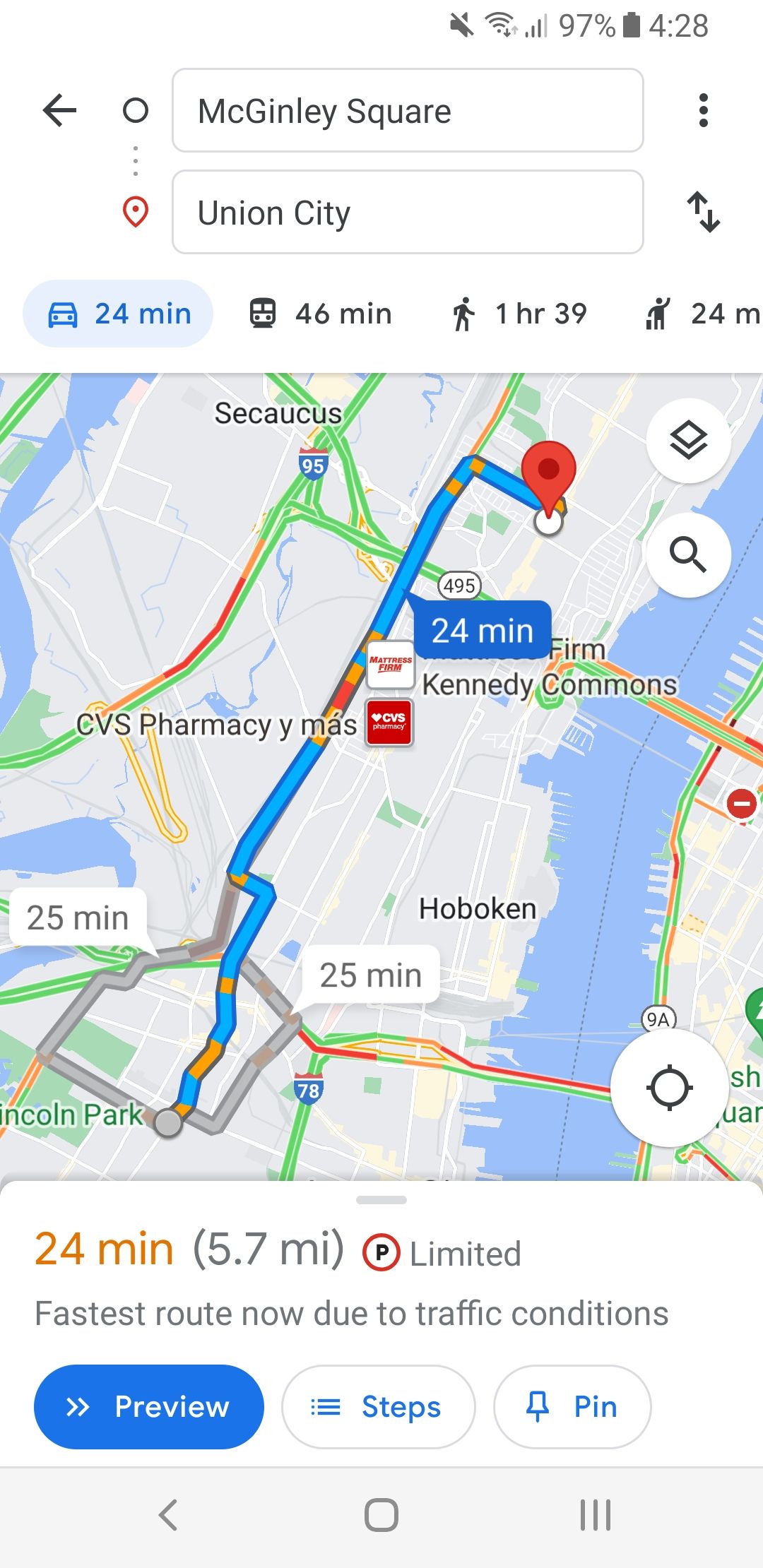 Маршрут в приложении Google Maps на Android