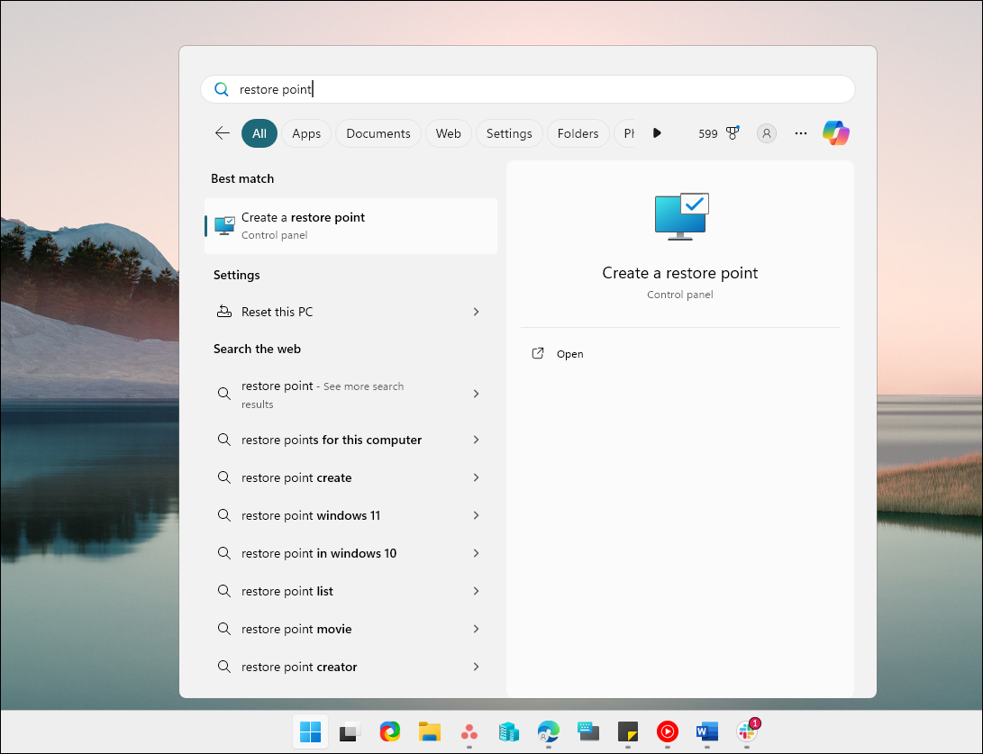 Меню «Пуск» Windows 11 с опцией Создать точку восстановления