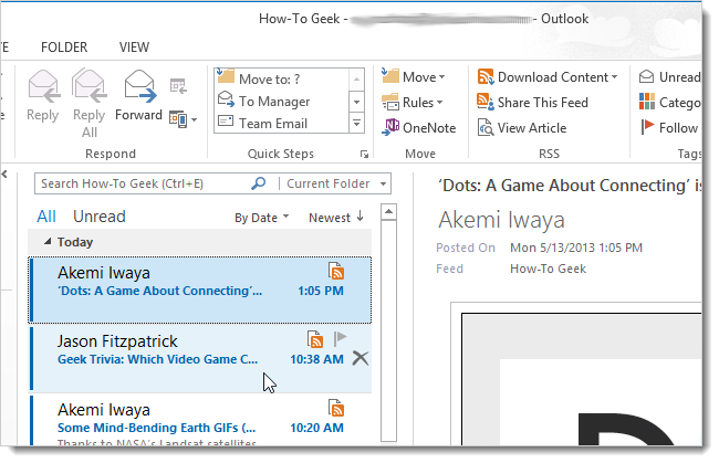 Скриншот: просмотр статей из RSS-ленты внутри Outlook