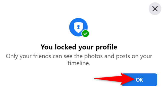 Кнопка OK после блокировки профиля.