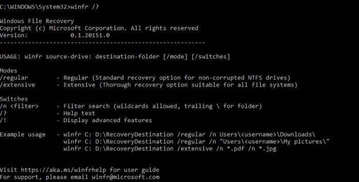 Справка и команды Windows File Recovery