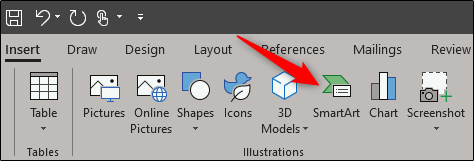 Кнопка «SmartArt» в меню Вставка