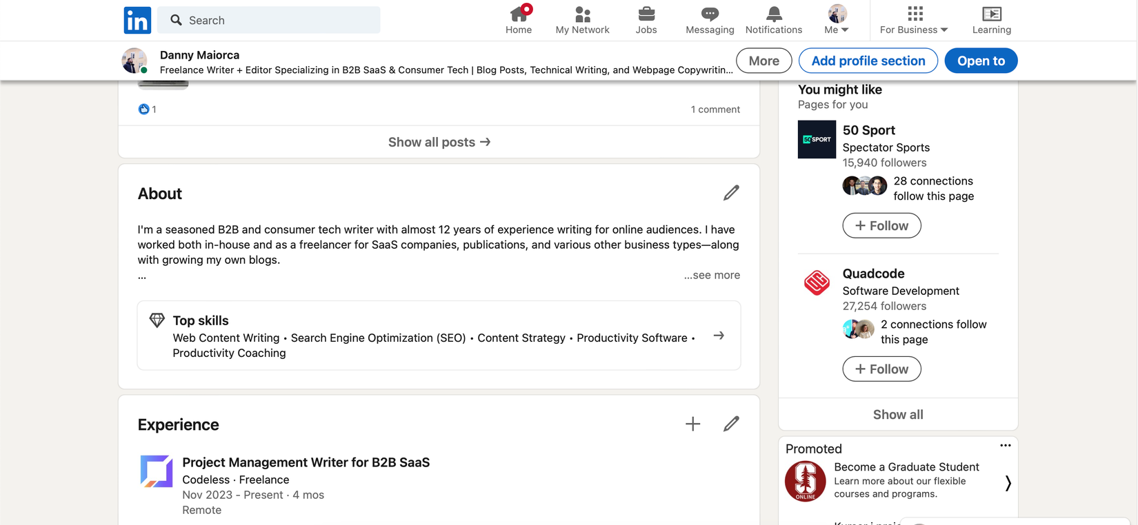 Нажмите значок карандаша в профиле LinkedIn