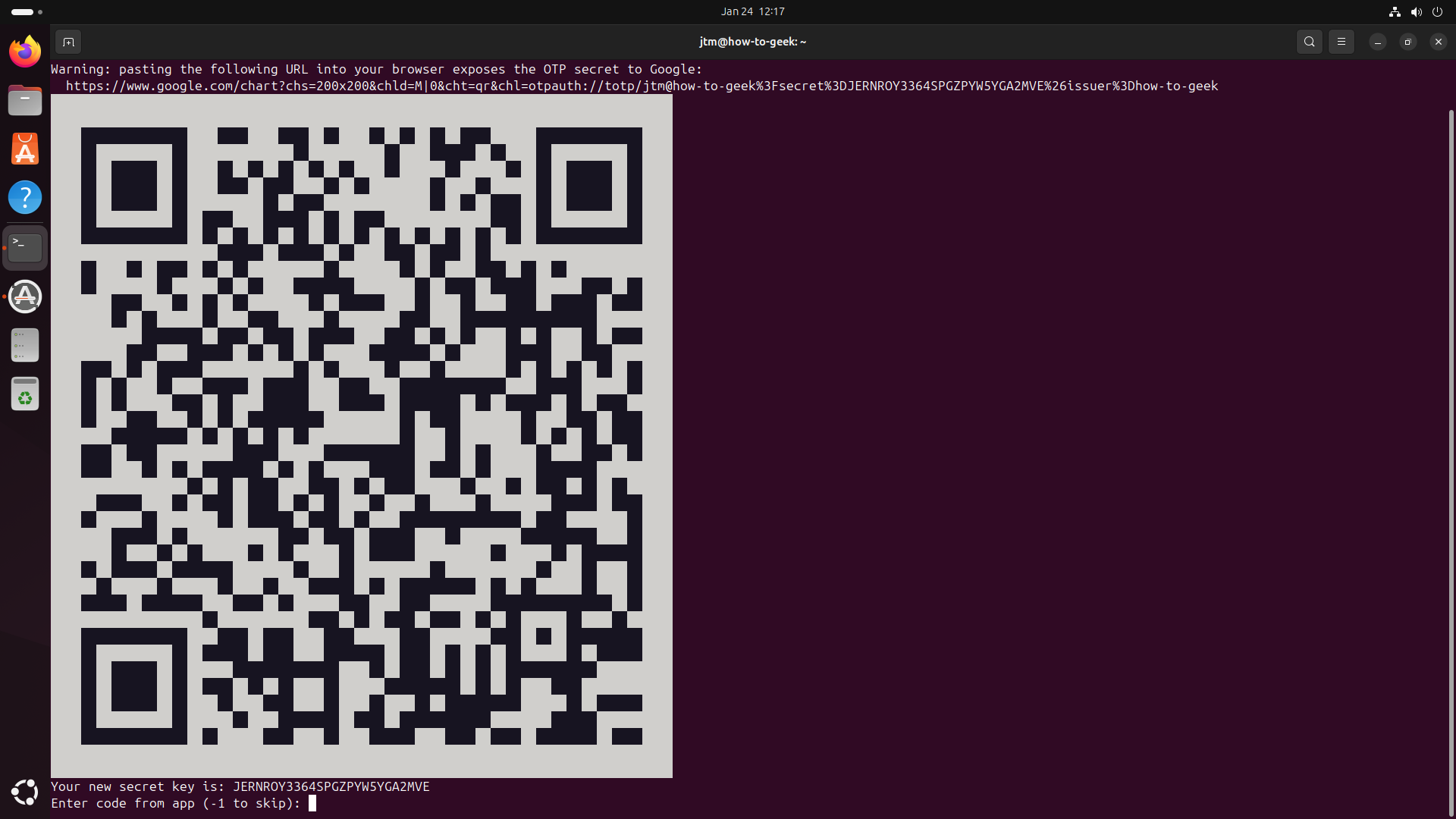 Терминал Ubuntu показывает QR-код Google Authenticator для настройки 2FA.