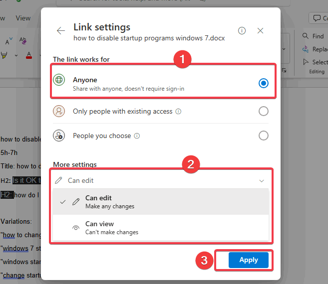 Изменение параметров общего доступа к файлу