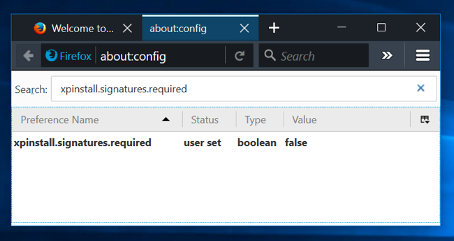 Диалог about:config в Firefox с настройкой подписи дополнений