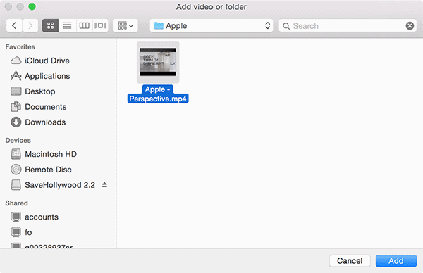 Выбор видеофайла и добавление его в список заставок SaveHollywood