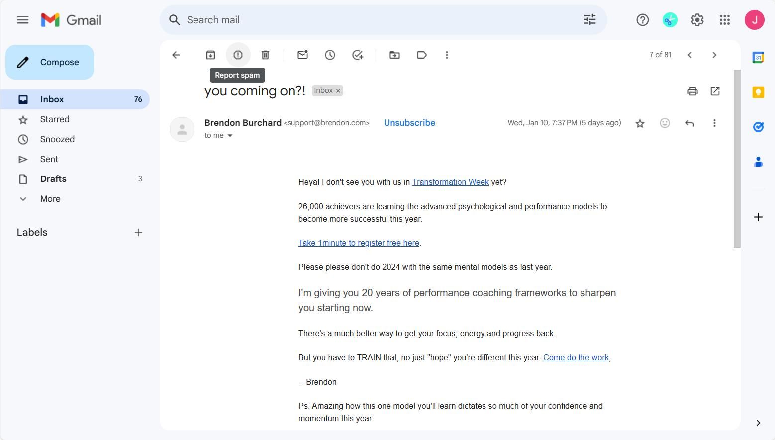 Кнопка 'Пожаловаться как спам' в Gmail