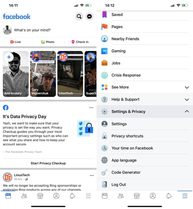 Экран меню Facebook — Настройки и конфиденциальность (мобильное приложение)