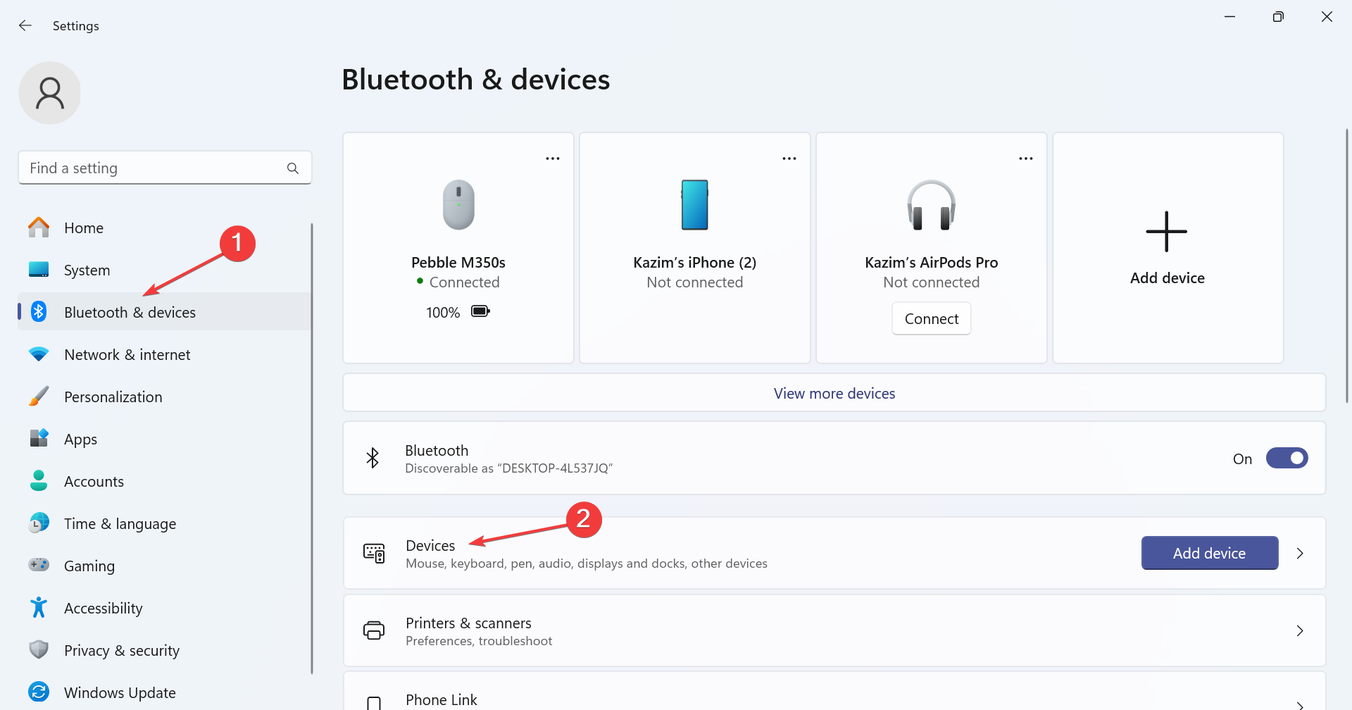 Список устройств Bluetooth в Windows 11