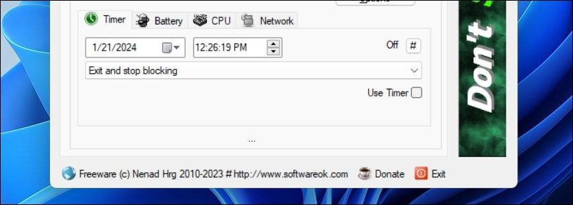 Окно Don't Sleep с настройками таймера