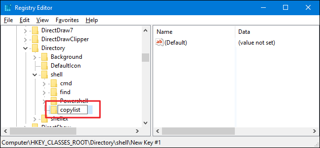 Создание нового ключа copylist в Regedit