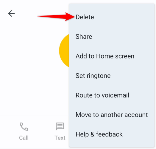 Снимок приложения «Контакты» на Android: пункт меню «Удалить» при просмотре контакта.