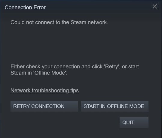 Пользователь пытается войти в Steam и видит ошибку подключения