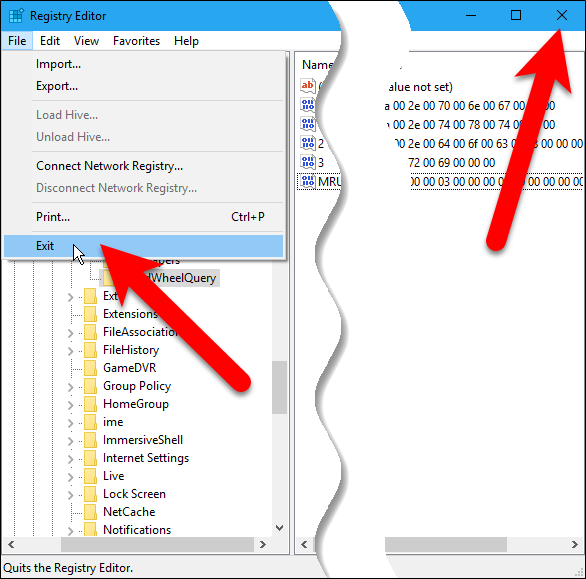 Закрытие Редактора реестра