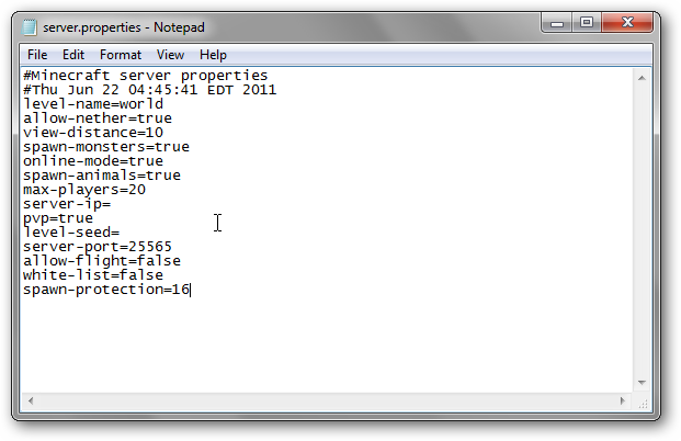 Файл server.properties с настройками сервера Bukkit
