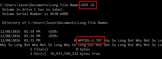Скриншот вывода команды DIR /X, показывающий 8.3 имена