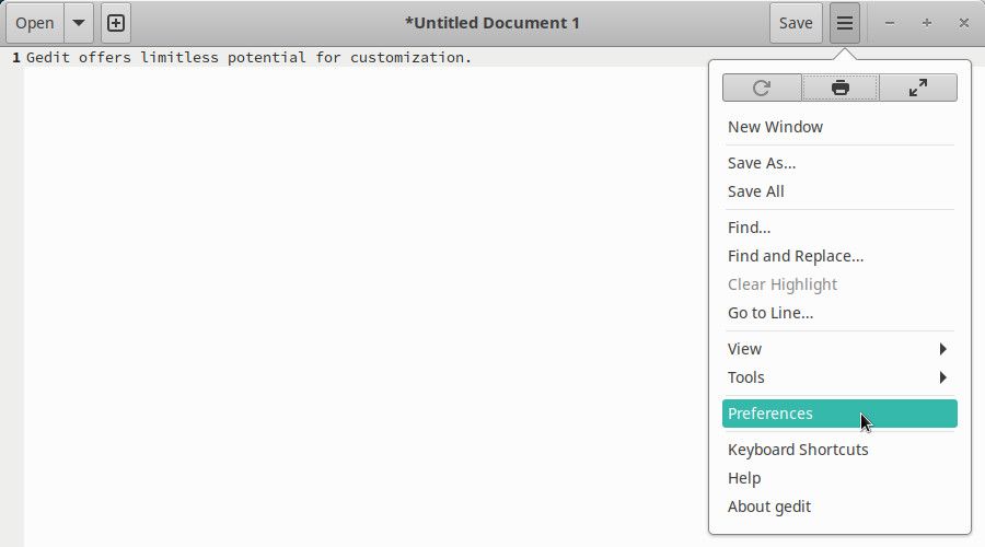 открытие меню параметров в gedit