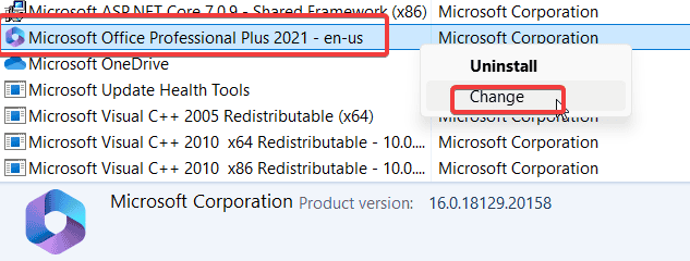 скриншот пункта Изменить для Microsoft Office