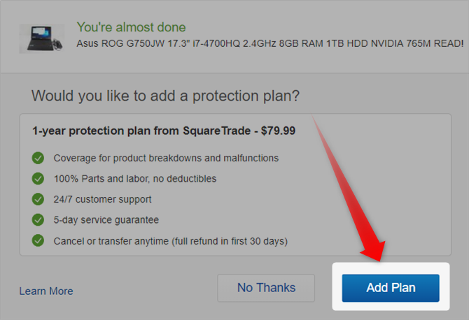 предложение SquareTrade при покупке на eBay (скриншот)