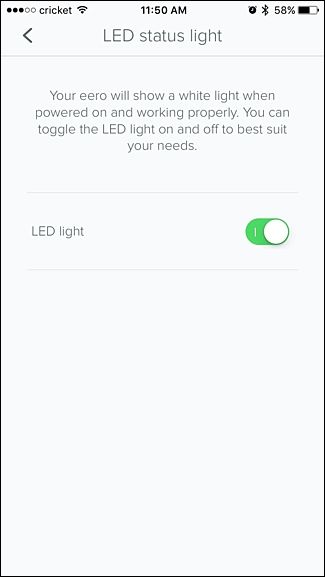 Переключатель для включения/выключения LED-индикатора в приложении Eero