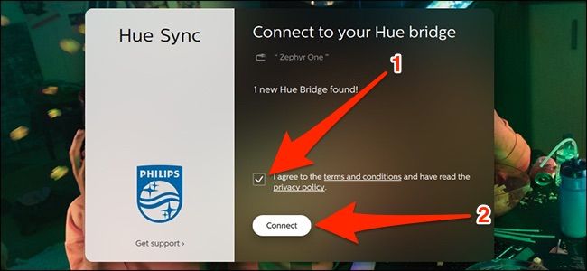 Окно Hue Sync с найденным Bridge и кнопкой Connect
