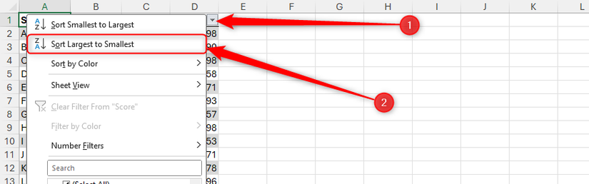 Кнопка фильтра столбца Excel нажата, выбран пункт Sort Largest To Smallest.