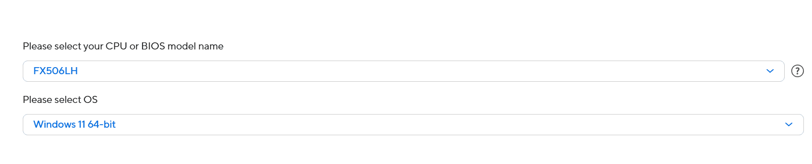 Страница поддержки ASUS — выбор модели и ОС