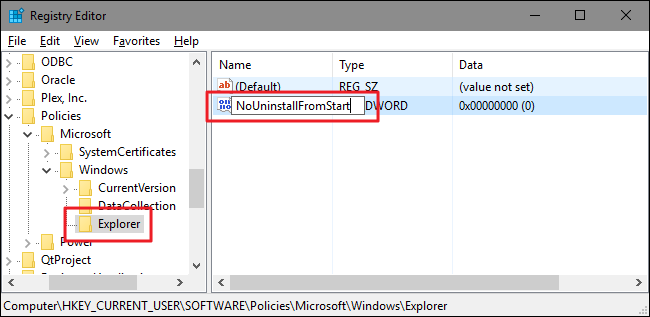 Создание DWORD NoUninstallFromStart