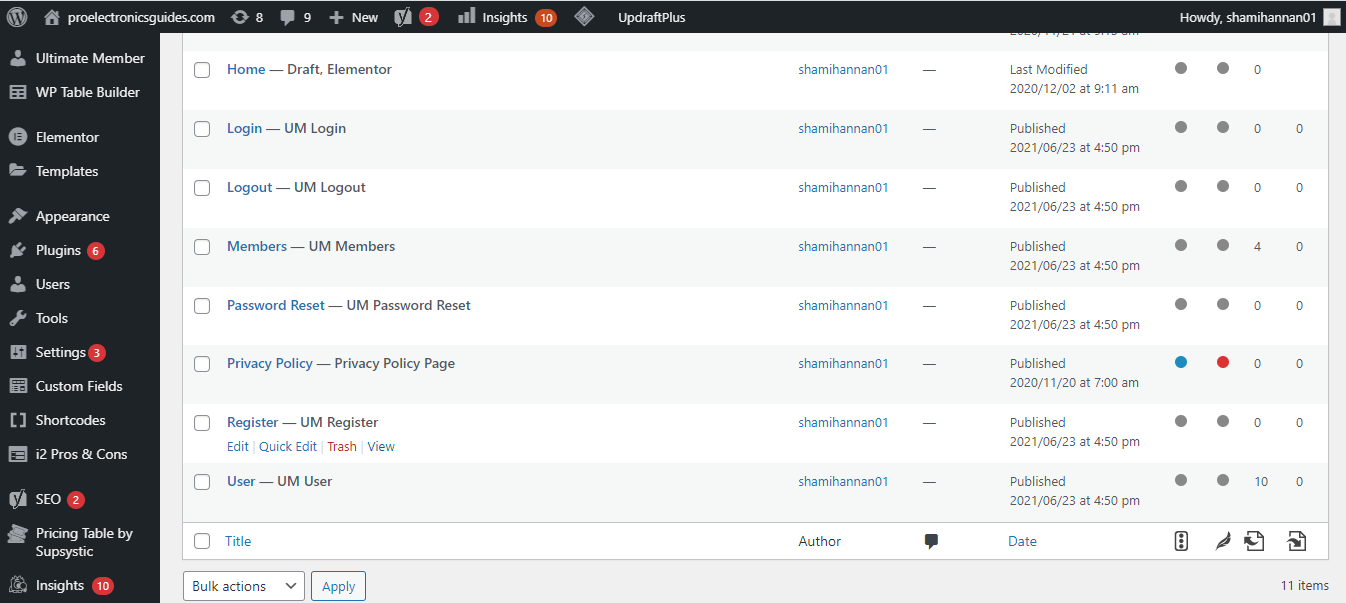Список опубликованных страниц сайта в панели управления