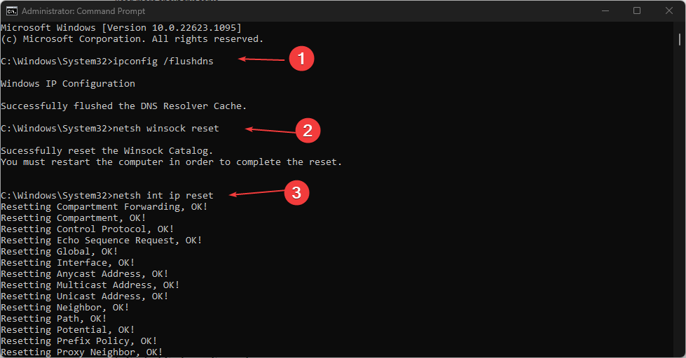 Командная строка Windows для сброса сетевых настроек