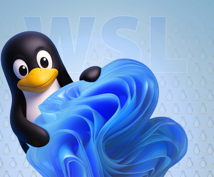 Tux, the Linux mascot, holding the Windows 11 logo with 'WSL' text in the background.