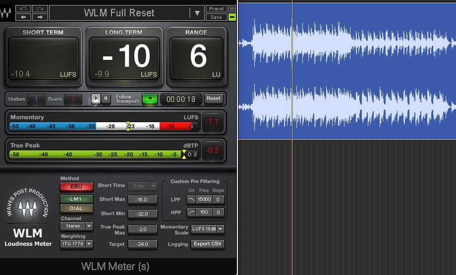 Waves loudness meter in a Logic Pro session