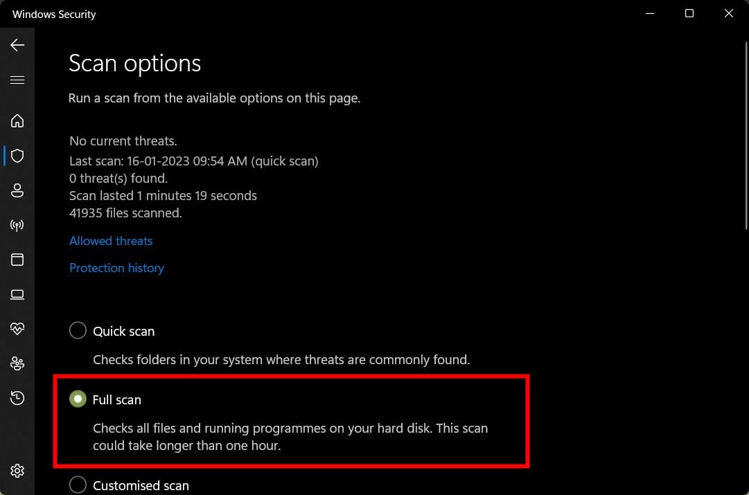 Опция полной проверки Windows Security